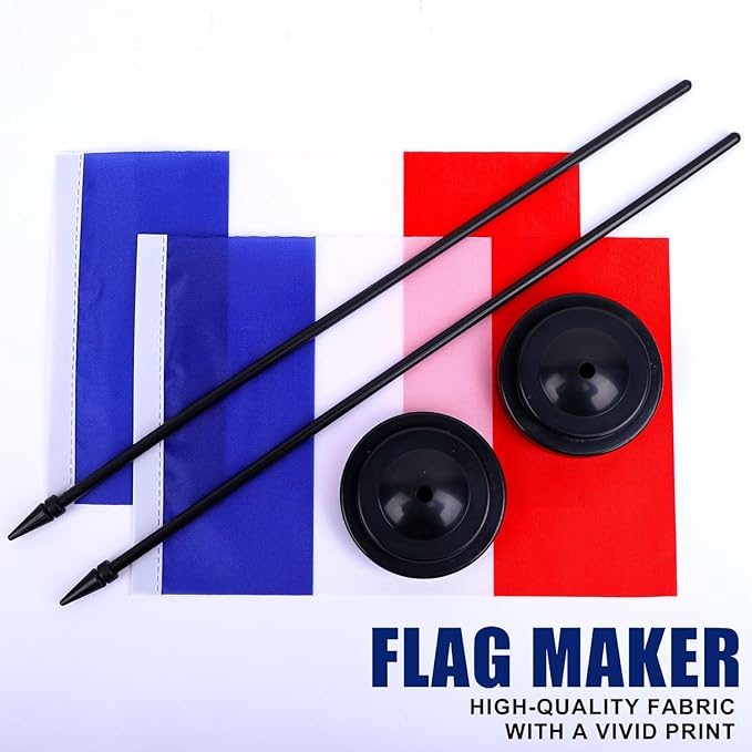 France Desk Flag 12" Solid Pole Deluxe Set French Flags Banner Mini Small France Office Table Flags with Black Stand Base Desktop Decorations(2Pack)