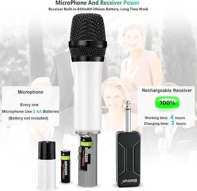Wireless Microphone, Bietrun UHF Metal Dual Handheld Cordless Dynamic Mic System with Rechargeable Receiver, 1/4‘’Output, for Karaoke, Church, Speech, Wedding, Party Singing(160 ft Range)-Auto Connect