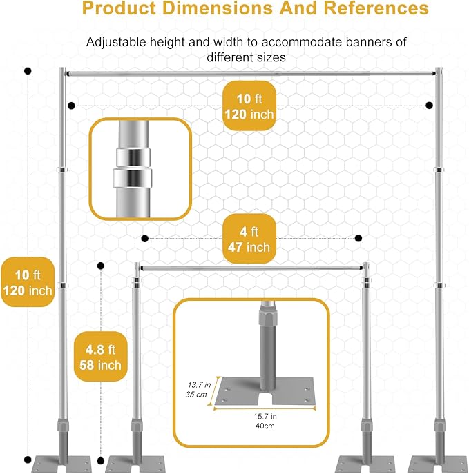 Jiang&Rong 10ft x 10ft Adjustable Backdrop Stand Kit - Heavy Duty Pipe and Drape Stand for Wedding, Birthday Party, Banquet Decorations (Silver)