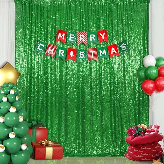 SquarePie Sequin Backdrop 8FT x 8FT Green Curtain Background for Christmas Wedding Party Decoration