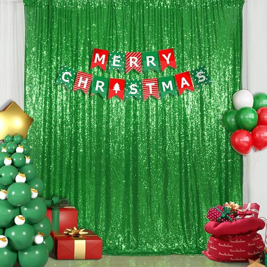 SquarePie Sequin Backdrop 8FT x 8FT Green Curtain Background for Christmas Wedding Party Decoration