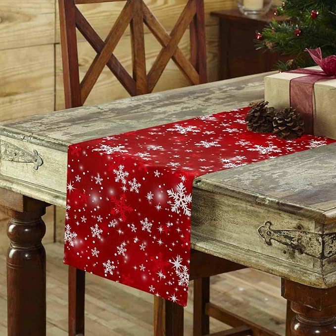 Christmas Snowflakes Cotton Linen Table Runner for Dining Kitchen, Red Xmas Winter Snow Wedding Outdoor Party Tablerunners Decoration, New Year Dresser Scarf Coffee Tablecloth Runners 13x36 Inches