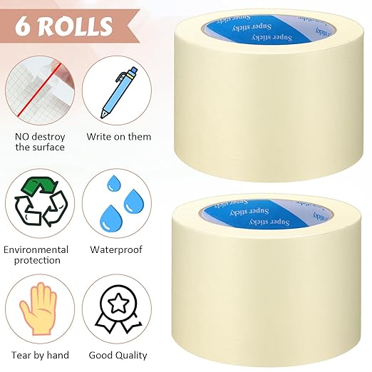 Masking Tape Bulk General Purpose Masking Painting Tape 55 Yards for Painting Home Office School Stationery Arts Crafts Basic Use, Easy Removal(6 Rolls,3 Inch)