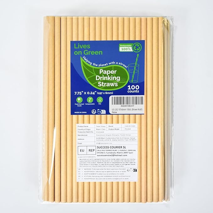 Brown Kraft Paper Straws for Drinking 7.75" x 0.24" - 100 Counts, for Bar, Restaurant, Food Supply, Catering