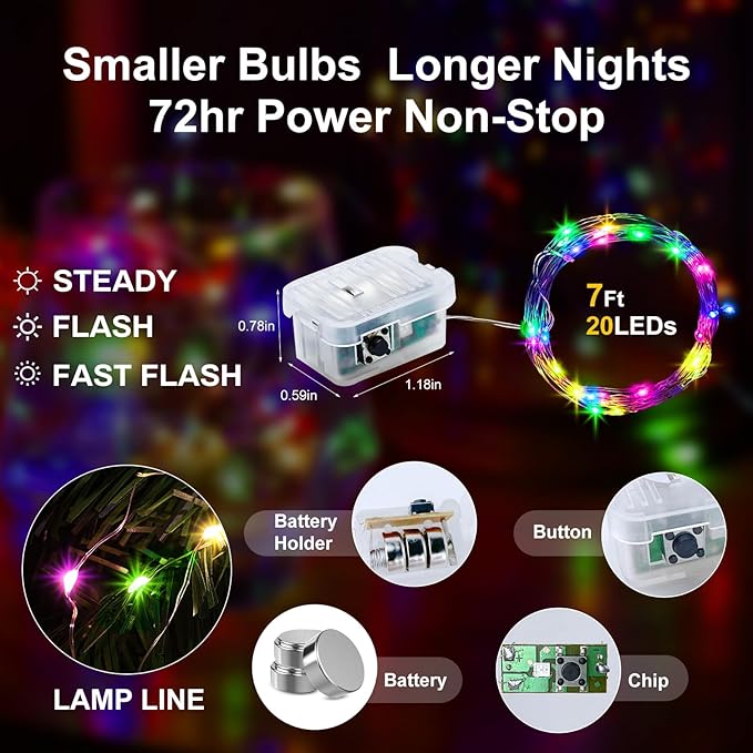 Aogist 50 Pack Fairy Lights 3 Modes 7ft 20 LED Waterproof,Battery Operated Silver Wire Firefly Starry Moon Mini String Lights for Mason Jars Christmas DIY Crafts Wedding Party Bedroom,Multicolor