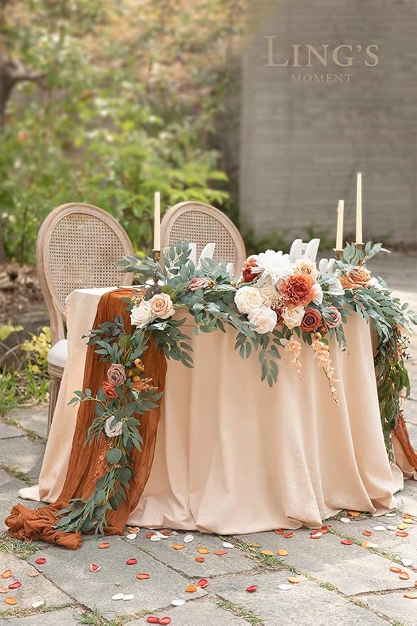 Ling's moment Fall 9FT Flower Garland for Backdrop Decorations - Wedding Arch Flowers, Eucalyptus & Rose, Artificial Floral Garland for Mantle - Sweetheart Table Decor for Ceremony, Terracotta