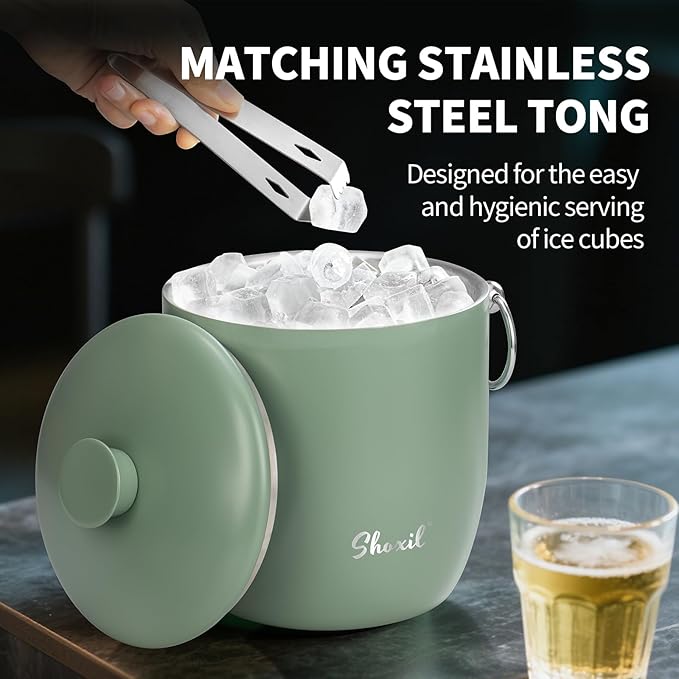 Ice Bucket - 3L Large Ice Bucket for Parties & Cocktail Bar, Stainless Steel Ice Cooler with Lid & Tongs, Retro Style Ice Bucket for Freezer & Drinks