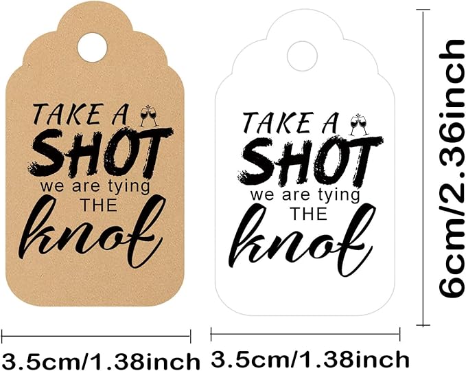 Take a Shot We are Tying (Or Tied) The Knot Tags with Hanging Hole Rectangle Kraft Paper Card Decorative Knot Tags for Engagement Party Wedding Decor, Bridal Party Gifts (Flower Border Kraft)