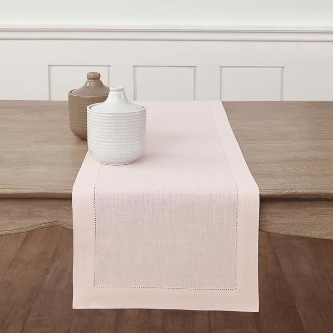 Solino Home Linen Pink Table Runner 36 Inches - Classic Hemstitch, 100% Pure Linen Coffee Table Runner 14 x 36 Inch Ideal for Dresser Tables - Halloween
