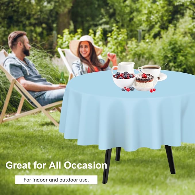 QIKSION Light Blue Round Tablecloth 6 Pack, 84 Inch Plastic Table Cover Disposable for Parties