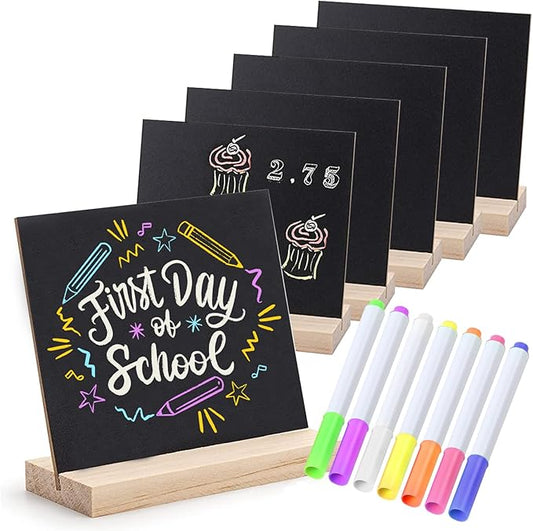 Double-Sided Small Chalkboard Signs (6 x 5 Inch) - Set of 6 with Stand & 7 Liquid Chalk Markers | Vintage Decorative Mini Tabletop Message Boards for Home & Events