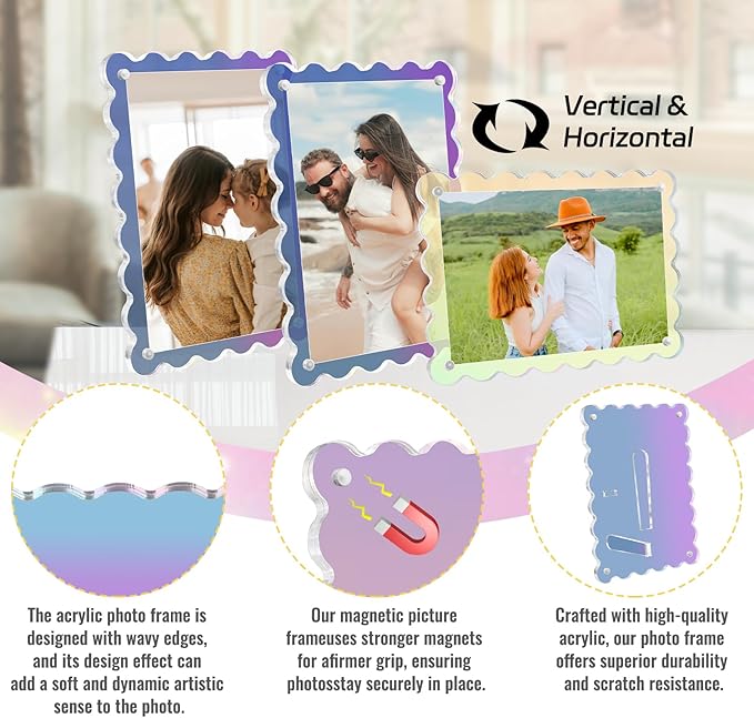 Acrylic Picture Frames 3 Pack 4x6 inch Scalloped Iridescent with Detachable Stand, Vertical and Horizontal Tabletop Display, Magnetic Photo Frames for Café/Home/Weeding/Party