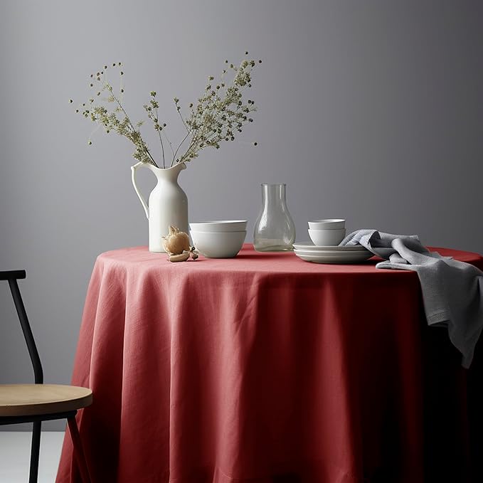 EVERLY 100% Pure Linen Round Tablecloths 90Inch Round Machine Washable Tablecloth for Thanksgiving,Decorative Halloween,Buffet Parties,Picnic,Events,Weddings and Restaurants-Christmas Red
