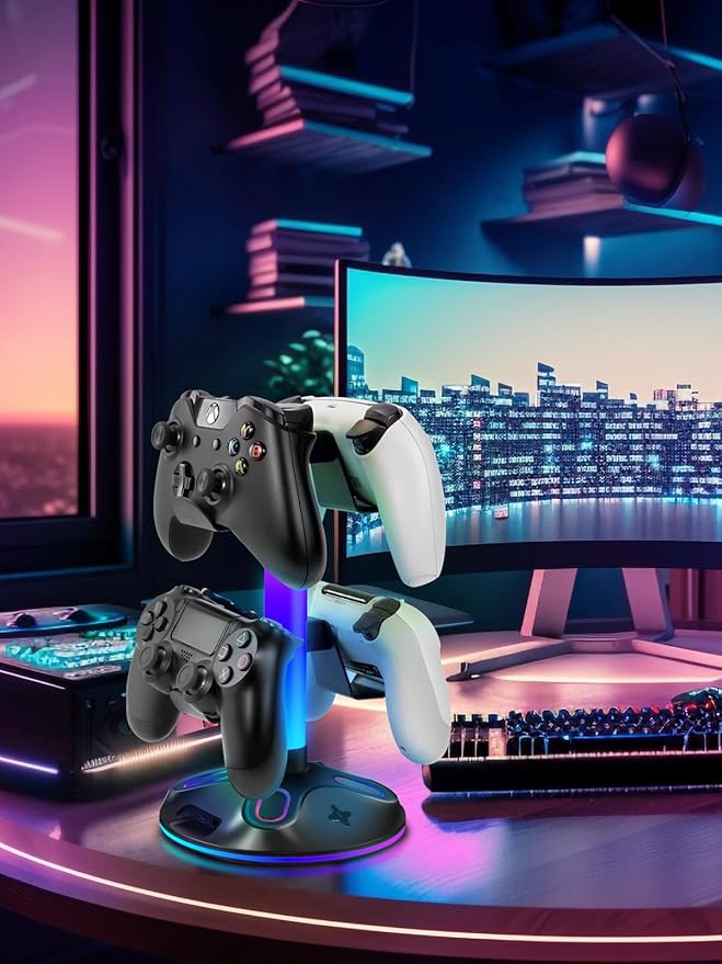 RGB Headphone Stand for Desk, Innovative Headset Stand with 9 Light Modes - Controller Holder with USB Charging and Type-c Port, Gamepad Earphone Accessories (Black)