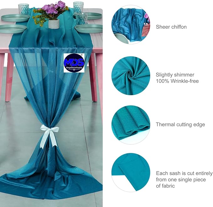 MDS Halloween Chiffon Table Runner - 10 Pack, 29 x 170 Inches, 14ft Each - Sheer Spooky Table Runners for Haunted House Parties, Trick-or-Treat Tables, Witchy Décor, Wedding & Events - Dark Teal