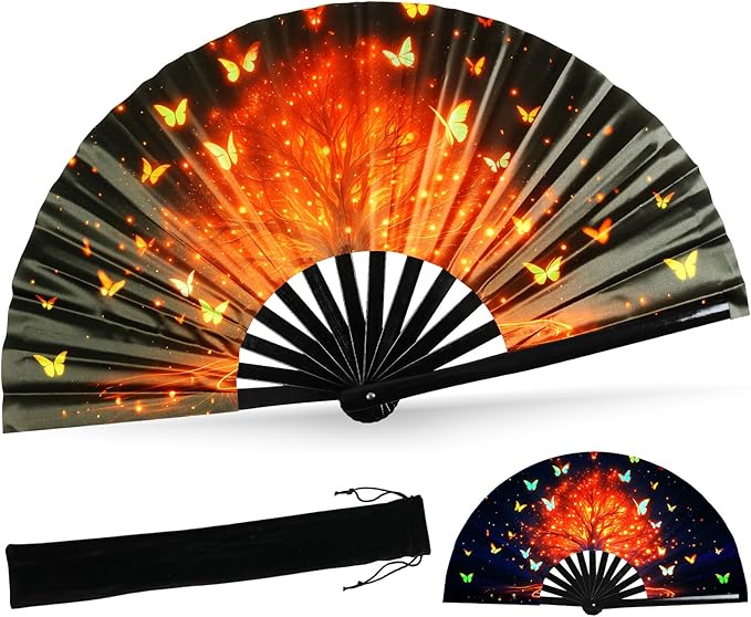 SYNTECSO Folding Hand Fan for Rave, Popping Fan for Line Dancing, Drag Queen, Women and Men Gift，Chinese Japanese UV Glow Clack Fan for Parties, Music Festivals, EDM and Decoration