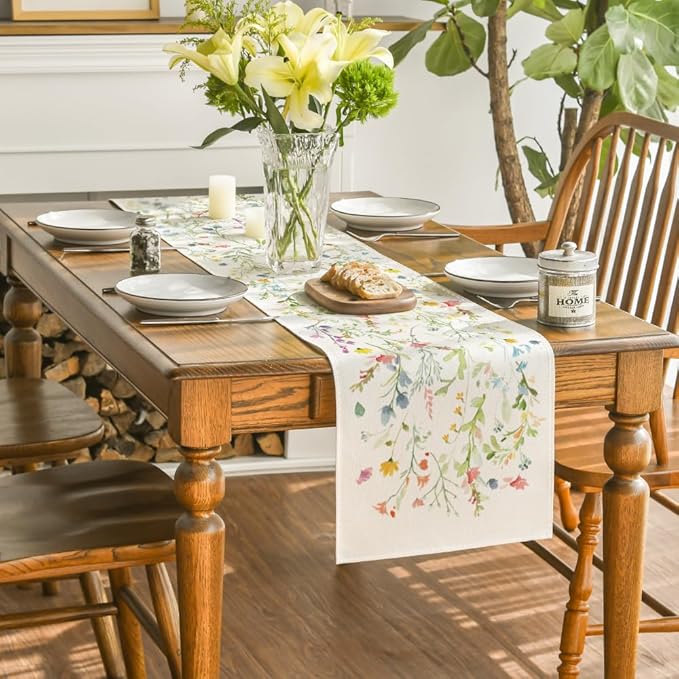 Artoid Mode Wildflowers Bloom Flowers Spring Table Runner, Seasonal Summer Floral Kitchen Dining Table Decoration for Home Party Decor 13x108 Inch
