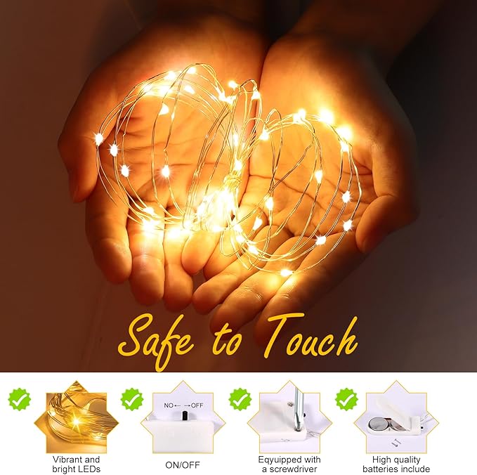 24Pack Fairy Lights,Battery Operated String Light,6.6FT 20 LED Mason Jar Lights,Waterproof Silver Wire Firefly Light,Mini String Light for Mason Jars Wedding Party Christmas Decor,Warm White
