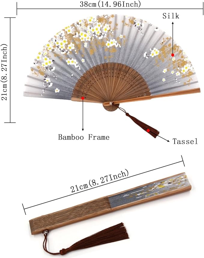 Amajiji Small Folding Hand Fan for Women, Chinese Japanese Vintage Style Bamboo Silk Fans for Party Wedding Dancing Decoration Gift Performance (AM-13)