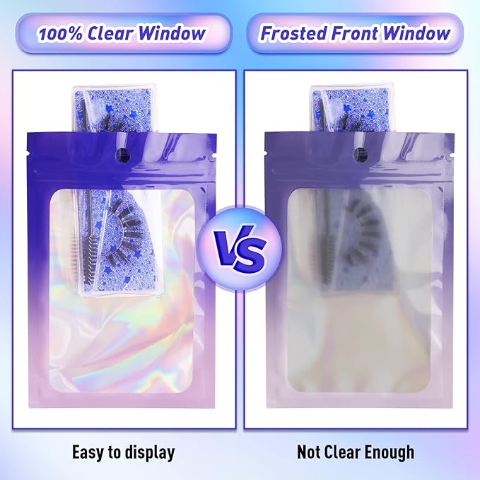 Funfery 100 Pack Holographic Bags,Mylar Resealable Bags with Zipper,Clear Window Packaging Pouch,Foil Bag for Food Storage,Sample Jewelry Baggies(3.1×5.1in,Purple Pink)