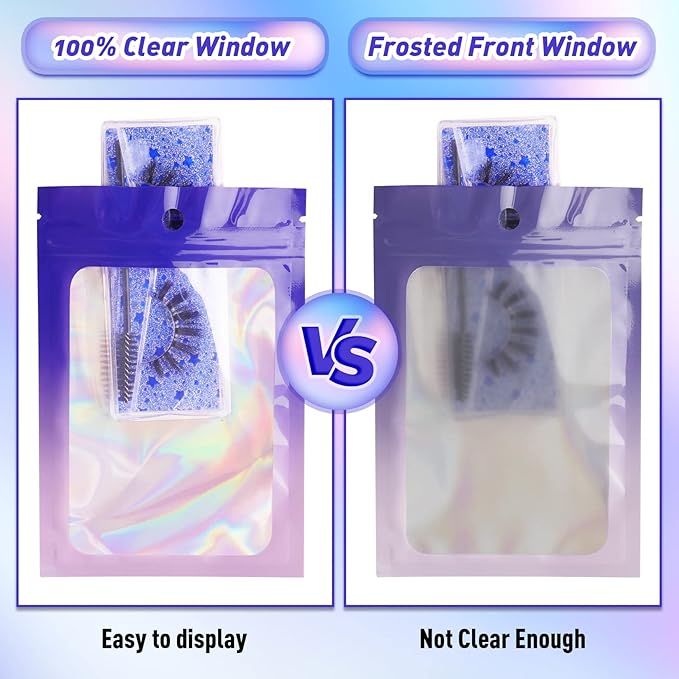 Funfery 100 Pack Mylar Holographic Bags,Clear Window Foil Bags Seal Pouch Resealable Bag with Zipper,Packaging Bag for Food Storage,Jewelry,Business Supplie(3.5×4.7in,Purple Pink)