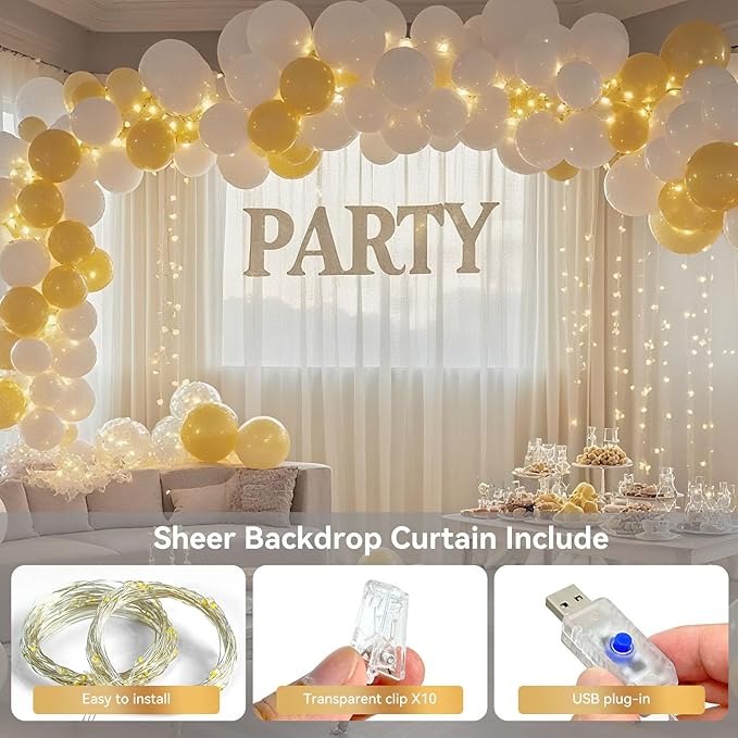 10×10ft Tulle Backdrop Curtains with Lights String - 300LED Fairy Lights Sheer Curtain Backdrop for Weddings Baby Shower and Birthday Party Decorations(2 Panels 5×10ft)