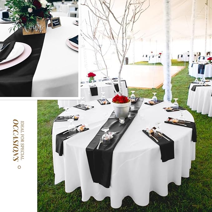 12 Pack Black Satin Table Runner,12 x 108 inch Long Premium Smooth Table Runner for Wedding, Banquets, Birthday, Party, Graduation, Engagements, Table Runners fit Rectangle and Round Table