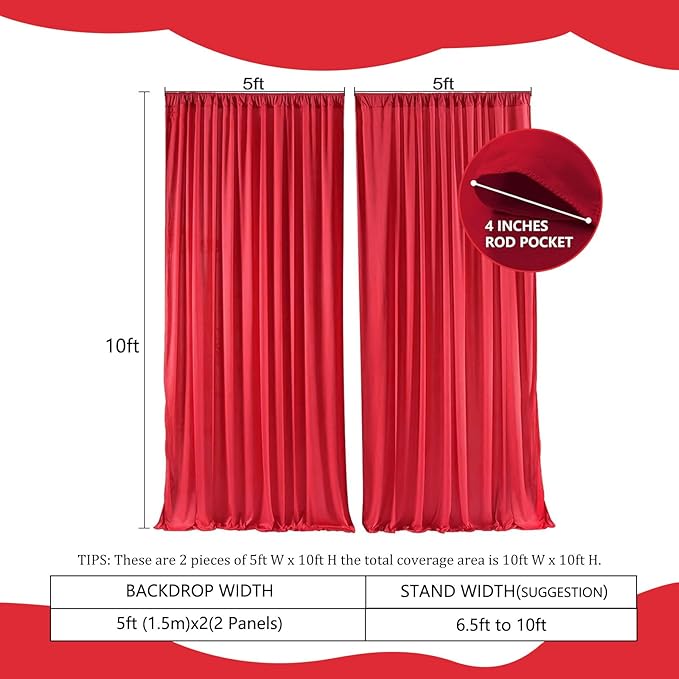 2 Panels Red Backdrop Curtain, 10 x 10 Feet Stain Background Curtains for Parties, Weddings, Baby Showers, Halloween, Christmas Birthday Party Photoshoot Backdrop Curtains Decorations