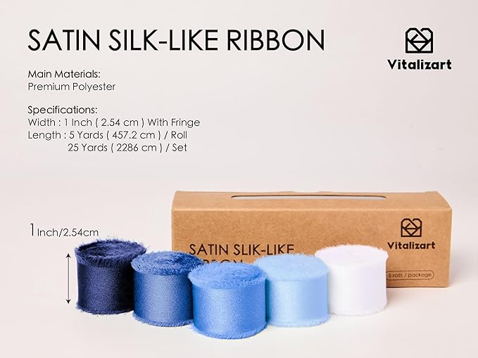 Vitalizart Silk Like Satin Ribbon 1 inch x 25 Yard Blue & White Handmade Frayed Ribbons for Gift Wrapping Baby Shower Wedding Bridal Bouquets Holiday Decor