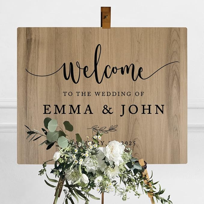 Andaz Press Large Wooden Welcome Sign for Wedding, Rustic Welcome Sign 16" x 20" Custom Names & Date Minimal Woodland Wedding Signage English Oak MDF Wood Finish Wedding Reception Indoor Outdoor Signs