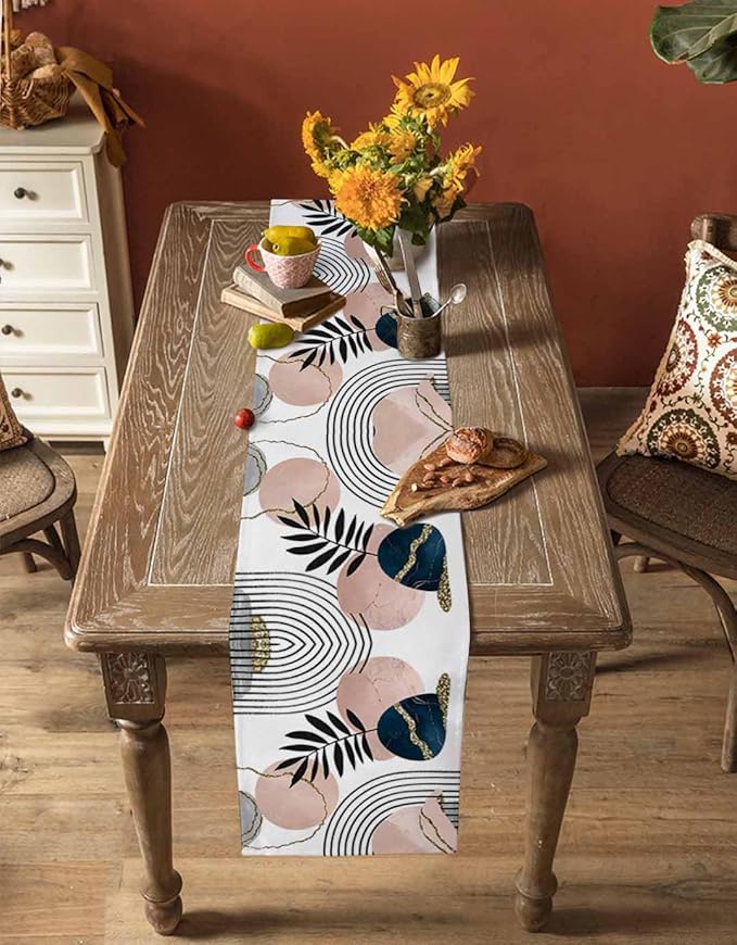 Modern Boho Cotton Linen Table Runner for Dining Kitchen, Wedding Outdoor Party Tablerunners Decoration, Abstract Bohemian Tropical Palm Leaf Dresser Scarf Coffee Tablecloth Runners 13x36 Inches