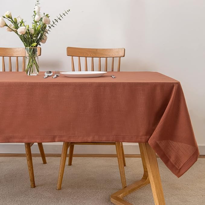maxmill Lux Faux Linen Table Cloth with Slubby Yarn Textured Weaves Wrinkle Free Anti-Shrink Soft Tablecloth Decorative Table Cover for Harvest Thanksgiving Party Rectangle 60 x 104 Inch Rust