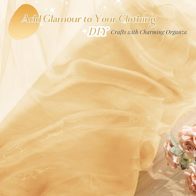 P Pothuiny Sheer Organza Fabric by The Yard, 10 Yards x 60 Inch Wide Bridal Champagne Organza Tulle Fabric Roll Shiny Gauze Fashion Dress Sewing Craft for Wedding Party Decorations Backdrop
