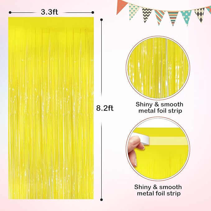 Macaron Yellow Metallic Tinsel Foil Fringe Curtains, 2 Pack 3.3x8.3 Feet Party Streamer for Birthday Party Decorations, Halloween Decor, Foil Curtain for Bachelorette Party