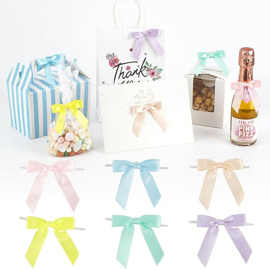 AIMUDI Pastel Bows 2.5" Satin Twist Tie Bows for Gift Wrapping Premade Satin Bow for Making Crafts Treat Bag Baby Shower Birthday Party Wedding Easter Decoration, 60 PCs