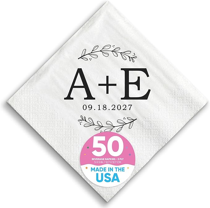 Big Dot of Happiness Personalized Rustic Leaves Monogram Wedding Napkins, Custom Engagement or Anniversary Party Laurel Wreath Branch Decor, White 3-Ply Paper Beverage Napkins - 50 Count