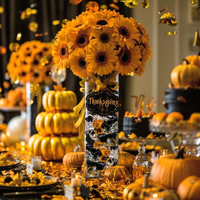 HappyFiller Halloween Decoration Acrylic Gems Fake Crystal Cubes Jewels Rocks for Vase Fillers, Centerpieces,Party Decor Ice Stones Table Scatter,Orange,Black and White,14 OZ