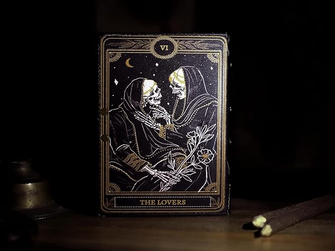 C CUERO Book of Spells Leather Journal Deckle Edge Paper Grimoire Printed Journal The Lovers Tarot Notebook Spiral Gothic Notebook Skull lover Antique Vintage Leather Journals for Men and Women (6 * 8