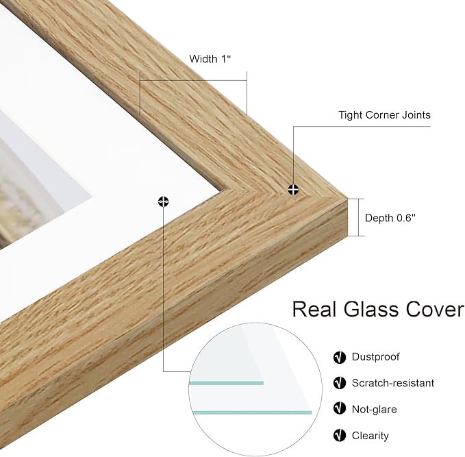 8x10 Picture Frame Set of 2, Natural Oak Wood Frame with Glass Collage Frame, Display Pictures Two 4x6 With Mat or 8 x 10 Without Mat - Horizontal or Vertical Wall Mounting