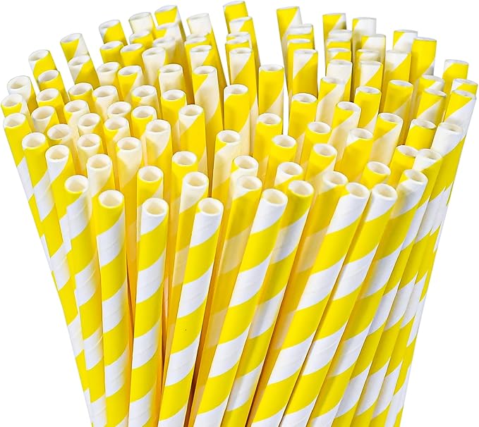 Eco-friendly Yellow White Striped Disposable Paper Drinking Straws 7.75'' x 0.24'' 100 Counts - for Cocktail, Party, Juice, Water, Milk