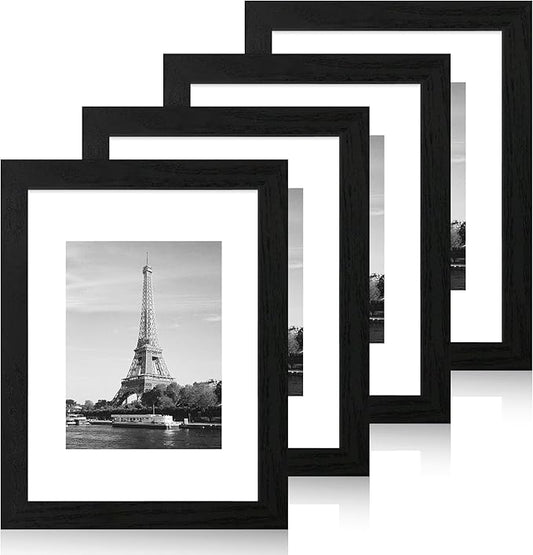 9x12 Picture Frame Set of 4 with Tempered Glass, Black Frames Display 6x8 Picture with Mat or 9 x 12 Without Mat, Wood Photo Frames for Tabletop Display and Wall Mounting