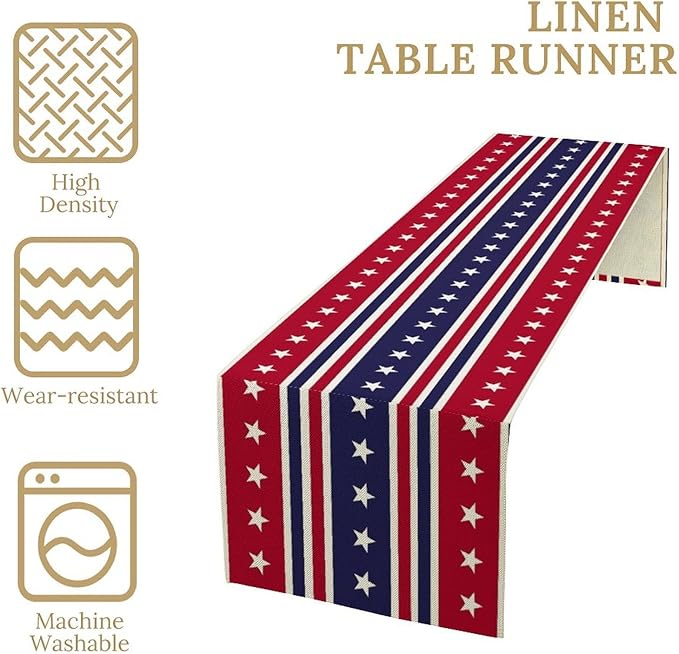 4th of July Table Runner, USA Flag Stars Stripes American Independence Day Red Blue White Stars Lines Print Table Cover for Farmhouse Kitchen Indoor Outdoor Home Party, 13x108inch