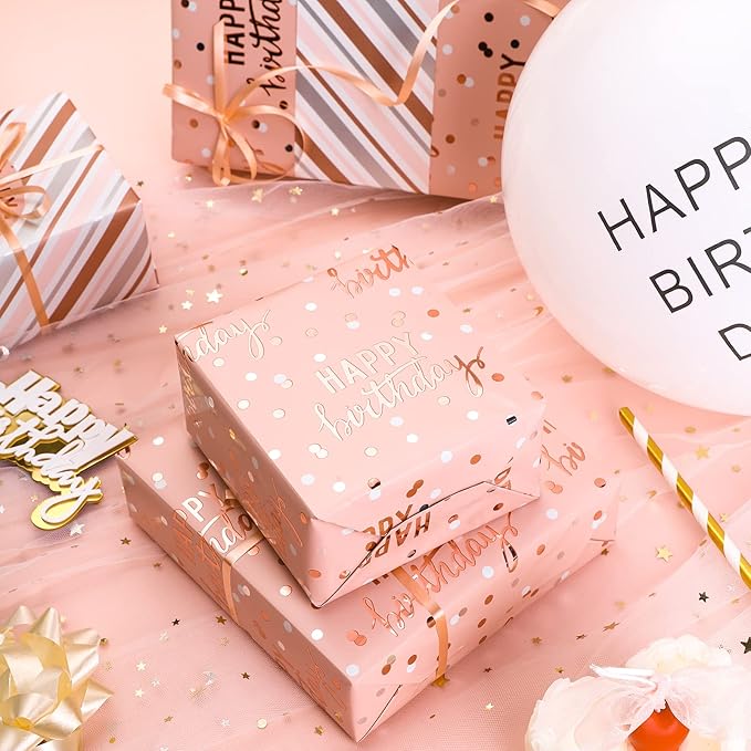 LeZakaa Reversible Pink Birthday Wrapping Paper Roll for Girls Women, Happy Birthday Lettering & Stripe Pattern with Metallic Foil in Pink, Large Roll, 30 inches x 32.8 Feet (92.9 sq.ft.)