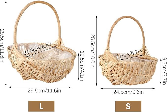 DULRLLY 2 Pcs Handwoven Flower Basket with Handle, Willow Storage Basket Empty Wicker Picnic Basket with Plastic Insert, Easter Basket Wedding Flower Girl Baskets for Home Party Decor (S)