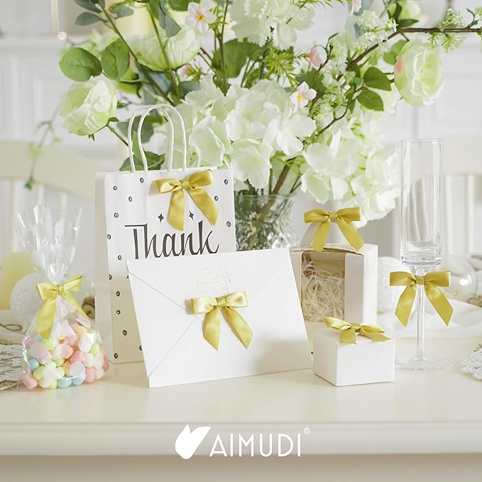 AIMUDI Small Gold Bows for Christmas Tree 2.5" Pretied Gold Bows for Gift Wrapping Premade Satin Ribbon Twist Tie Bows for Crafts Mini Bows for Treat Bags Cake Pop Bows Baby Shower Decor - 50 Counts