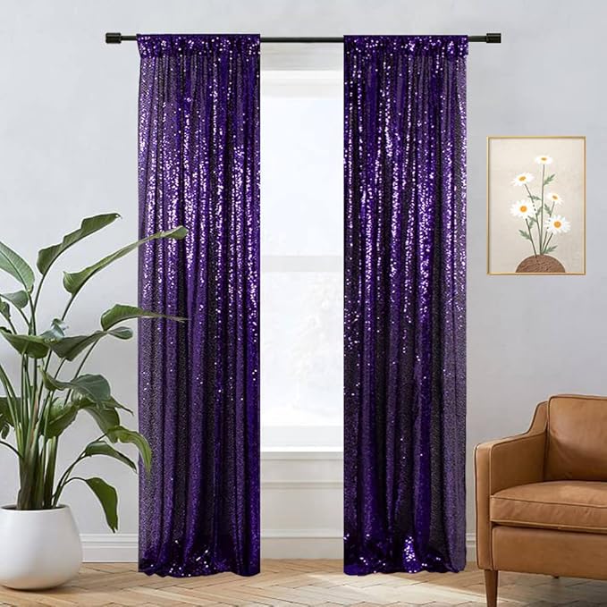 Eternal Beauty Purple Sequin Backdrop Curtains, Halloween Shimmer Back Drop 4Panels-2FTx8FT for Christmas, Party, Birthday, Photography, Wedding, Baby Shower Event Decoration