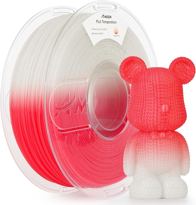 AMOLEN 3D Printer Filament, Temp Change Red to White PLA Filament 1.75mm, Cold & Heat Temp Color Change with Temperature Filament, Dimensional Accuracy +/- 0.02 mm, 1KG/2.2lb, Fits Most FDM Printers