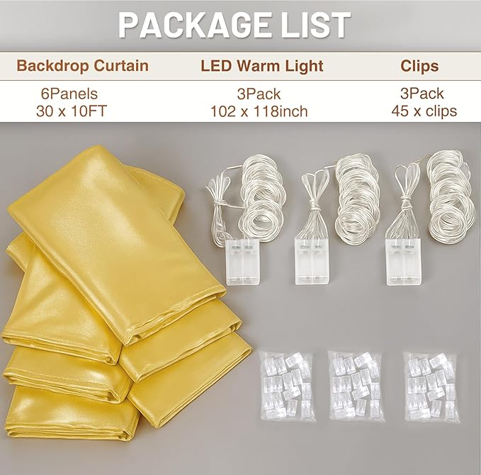 PartyVillage 30x10FT Gold Sequin Backdrop Curtain with String Lights – 6 Panels 5x10FT Sparkly Wrinkle-Free Glitter Backdrop Drapes for Birthday, Wedding, Photography, Graduation Party Décor