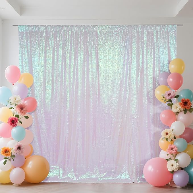 SquarePie Sequin Backdrop Curtain Not See Through Thick Glitter Background for Party 10FT x 10FT Iridescent