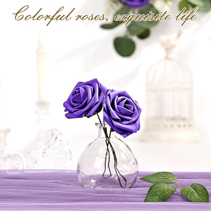 BLEUM CADE 16Pcs Artificial Flowers Fake Roses with Stems, Deep Purple Boxed Foam Roses for DIY Bouquets Centerpieces Wedding Party Arrangement Bridal Shower Decor